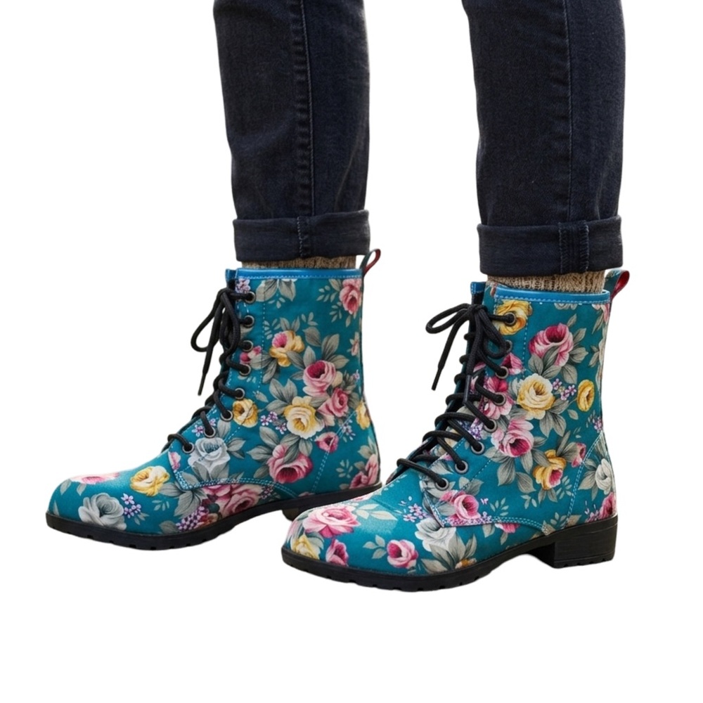 Kalli Collection Floral Lace Up Combat Boots Teal Rose Print Size 8